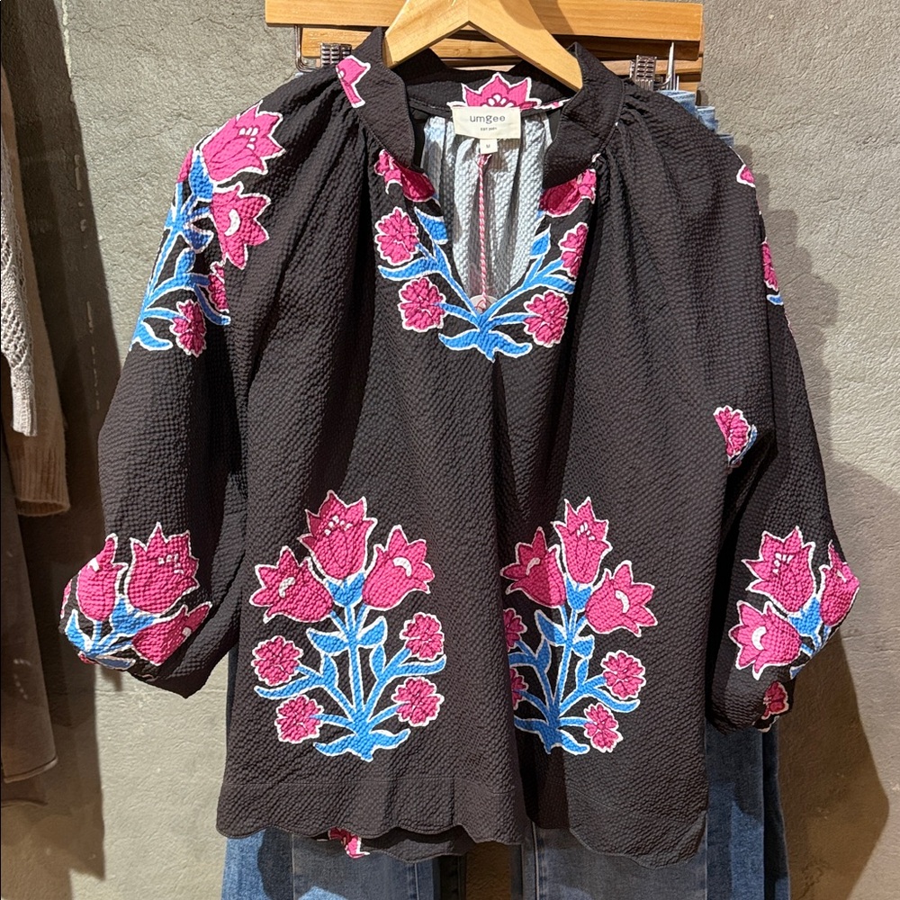 Umgee Black Blouse with Pink and Blue Floral Accents
